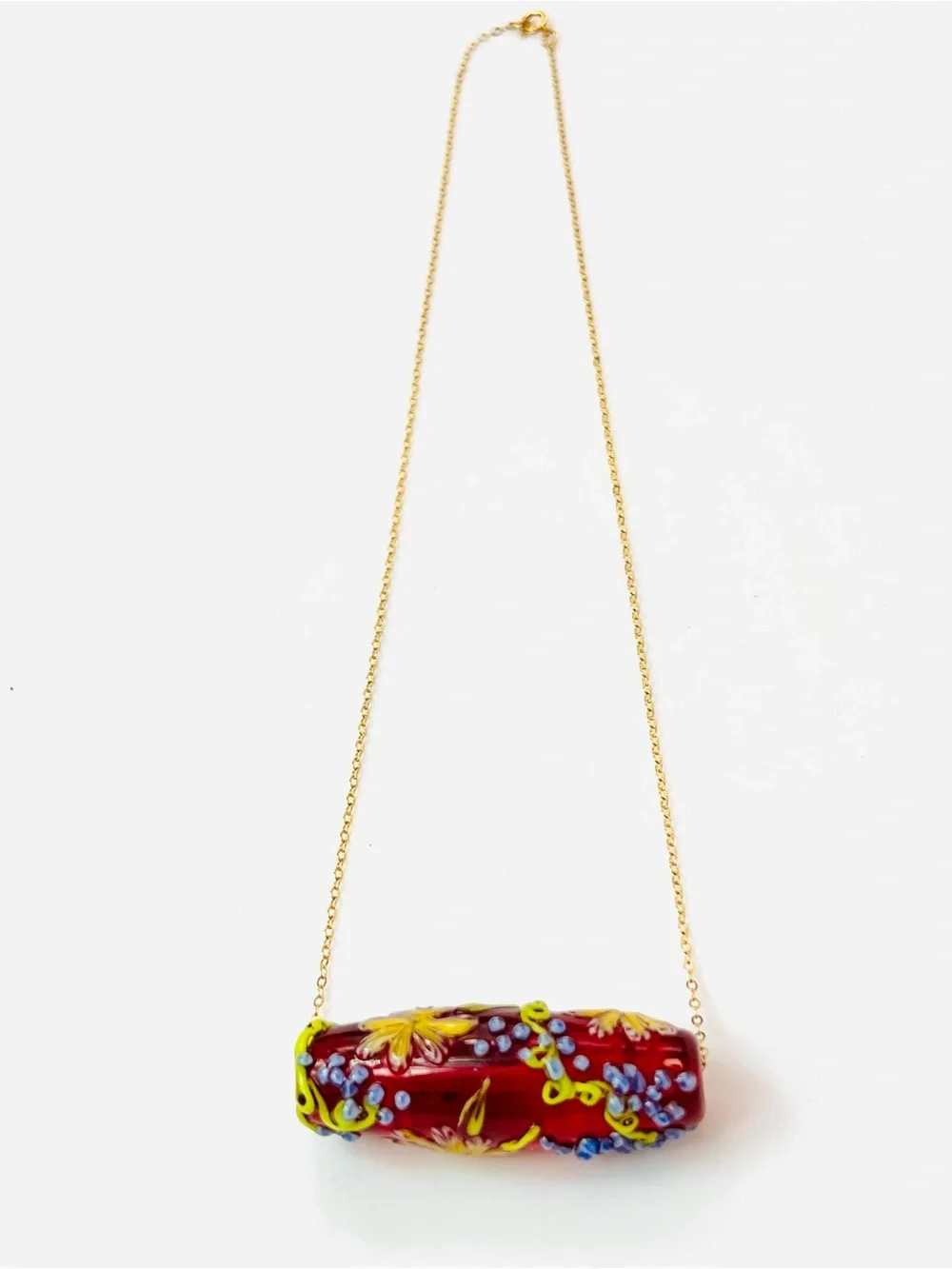 Venetian Murano Style Lampwork Glass Pendant Necklace 14K Gold Red Floral 18”